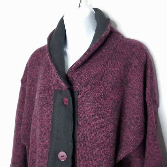 Eddie Bauer Wool Blend Cardigan Sweater L Purple Black Fleece Shawl Collar Vtg - Picture 2 of 5